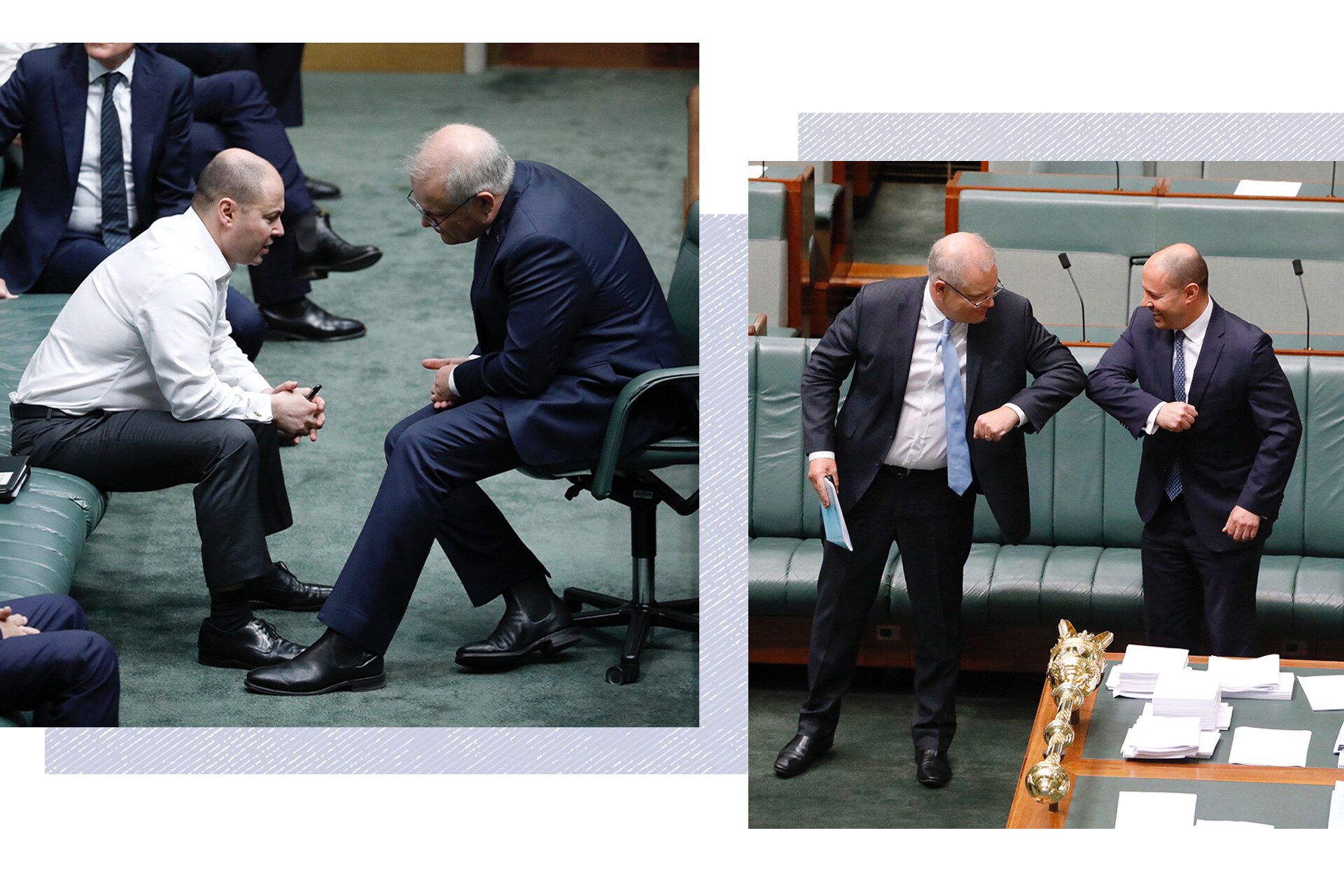 Josh Frydenberg and Scott Morrison speak together in parliament; in another image from parliament, they bump elbows.