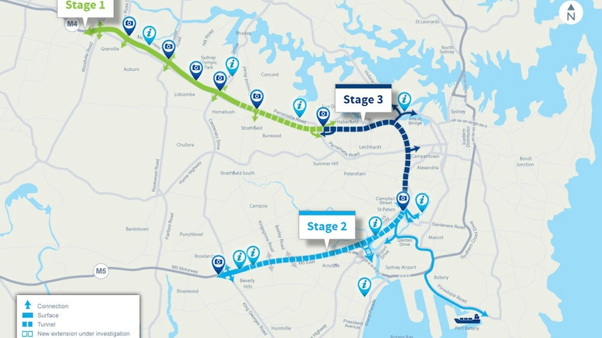 A map showing Stage 1, 2 and 3 of the WestConnex project.