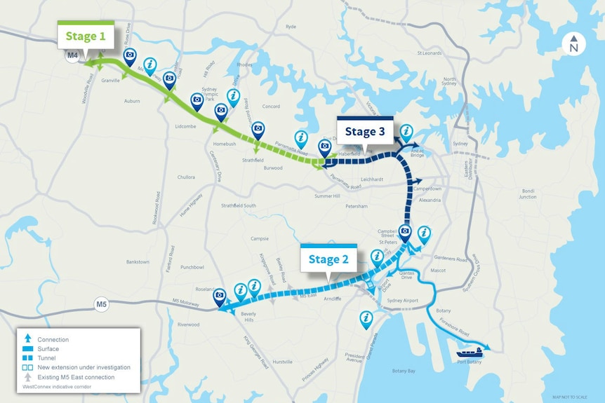A map showing Stage 1, 2 and 3 of the WestConnex project.