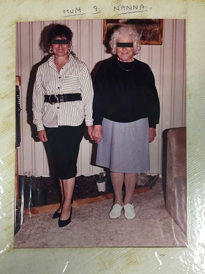 old photo album photo of two women titled 'mum and nanna'