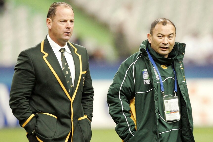 Jake White and Eddie Jones walk alongside each other at the 2007 Rugby World Cup.