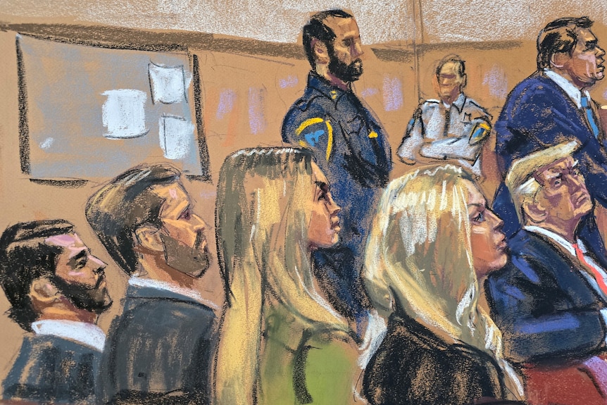 A drawing of two men and two women seated behind Donald Trump in court.