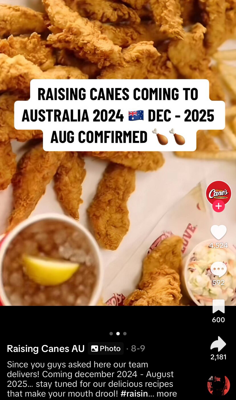 A tiktok screenshot stating that a brand called Raising Cane's is coming to Australia