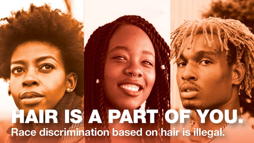 A poster of three people with different hair styles reads "Hair is a part of you".