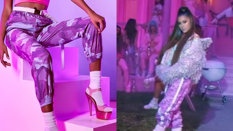 A composite image of a woman in pink camo print pants, socks and pink heels, with Ariana Grande wearing a similar outfit.