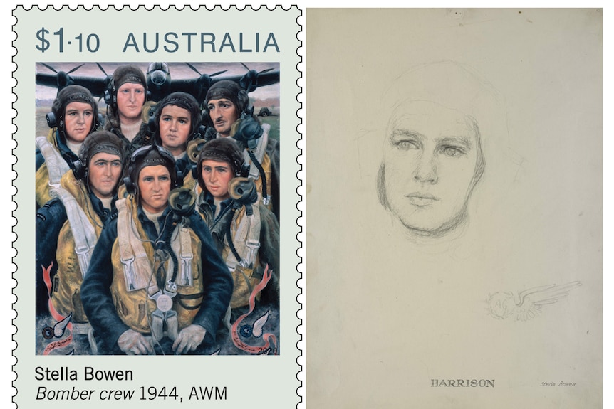 A stamp with a painting of group of men in flying helmets and masks on left and a sketch of one man's face on right.