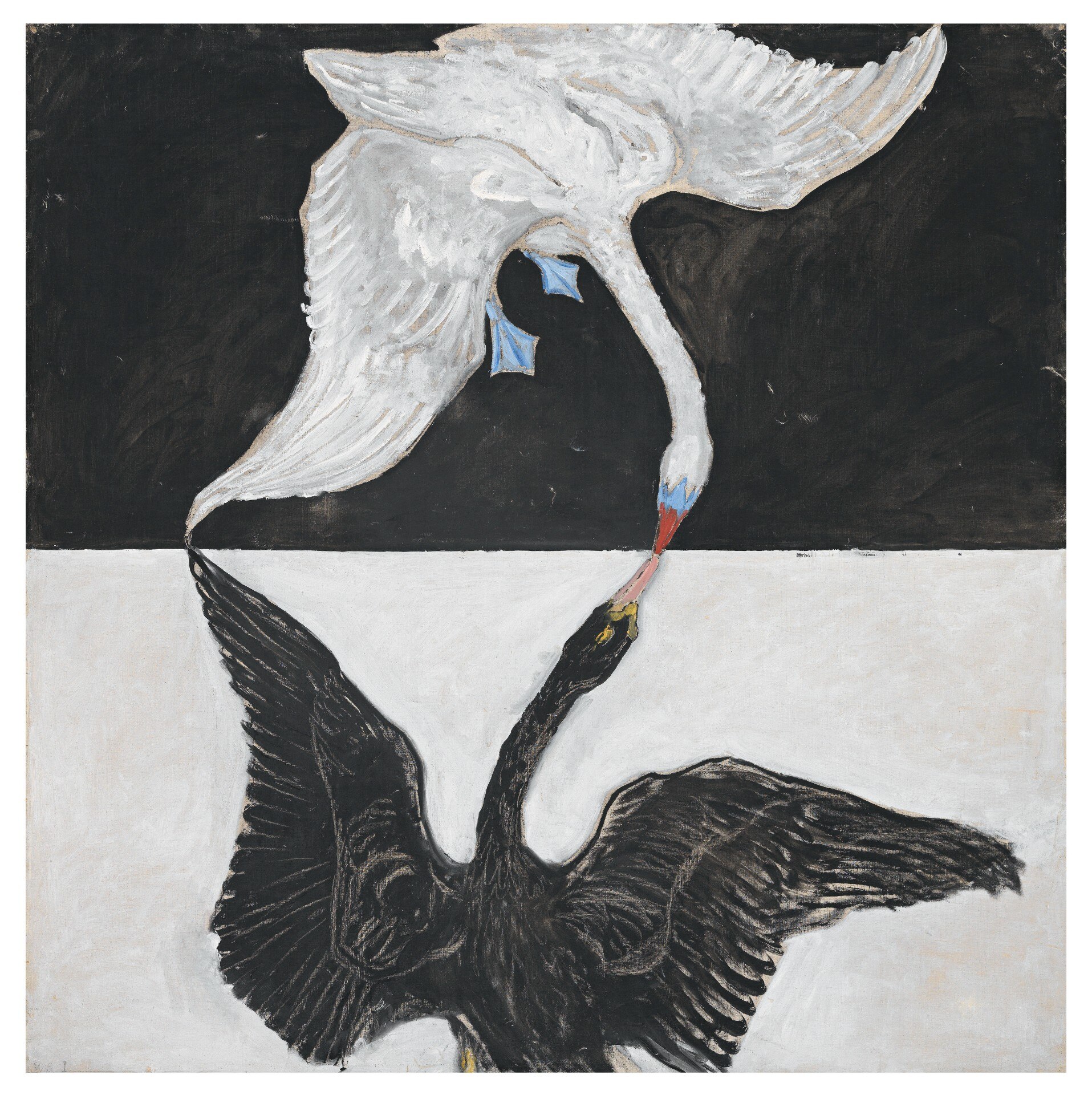 Monochromatic painting of black swan on white background on top half of canvas, and white swan on black background on bottom