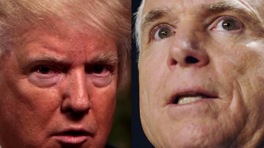 A split photo of close ups of Trump and McCain's photos.