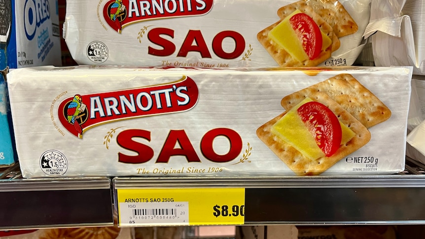 Packets of Sao biscuits with price tag $8.90