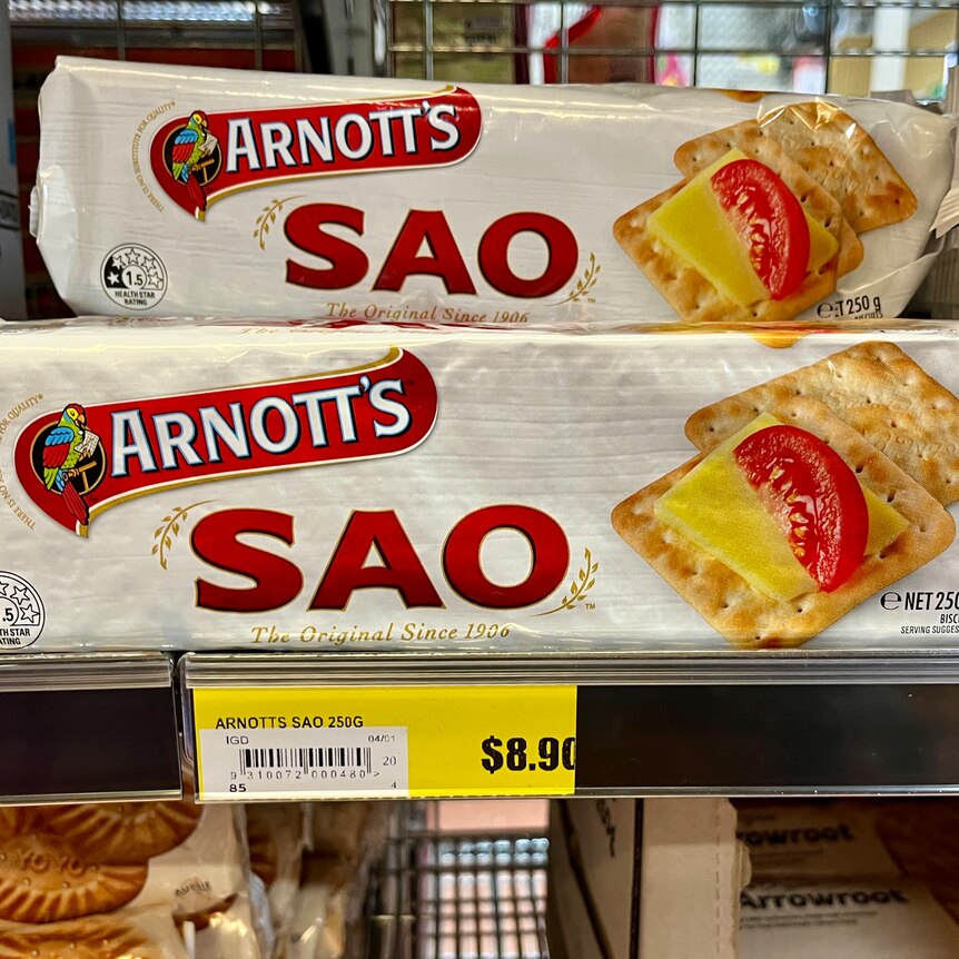 Packets of Sao biscuits with price tag $8.90