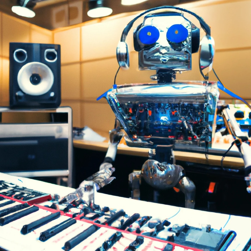 An AI-generated image of a robot wearing headphones and playing a keyboard in a music studio, with speakers behind it