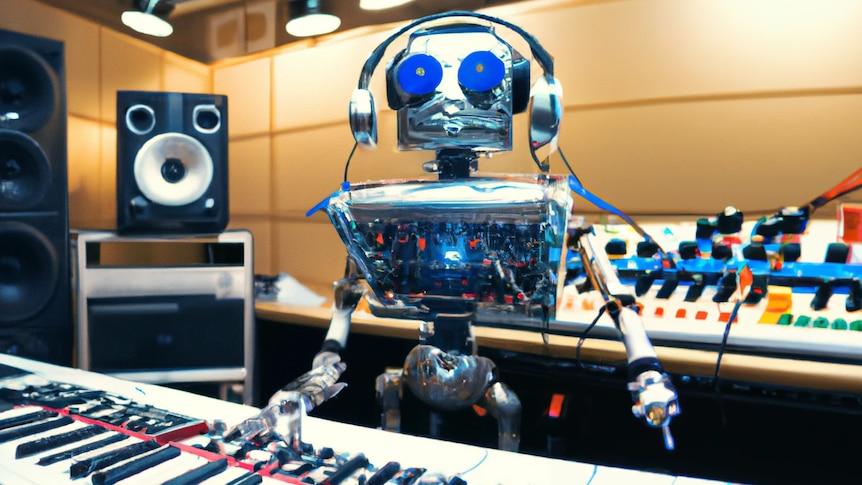An AI-generated image of a robot wearing headphones and playing a keyboard in a music studio, with speakers behind it