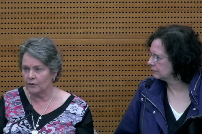 Two women sit in the witness box at the royal commission in an image taken from a webstream of a hearing.