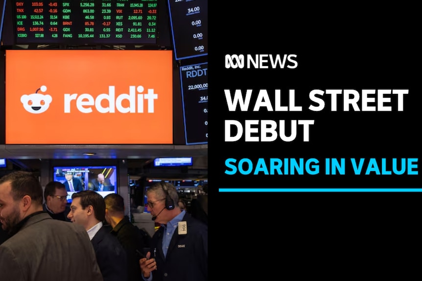 Wall Street Debut, Soaring In Value: Closeup of orange Reddit logo at stock exchange with traders on the floor.