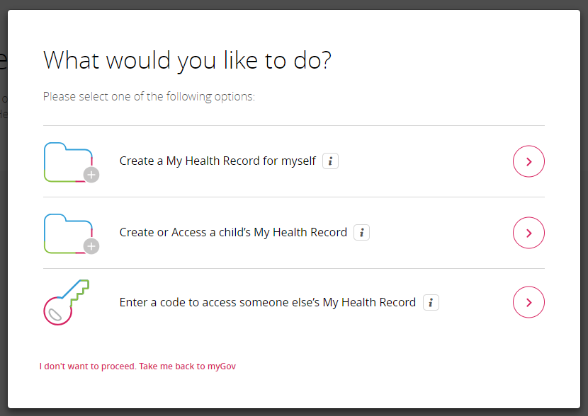 A screen showing My Health Record creation options.