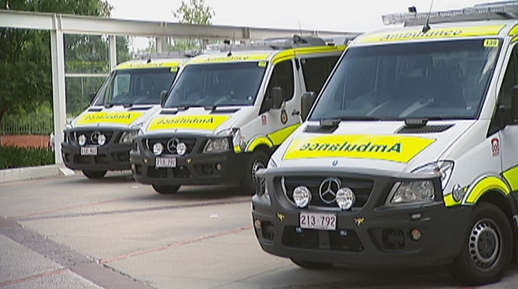 Ambulances lined up near the Emergency Department at the Canberra Hospital.