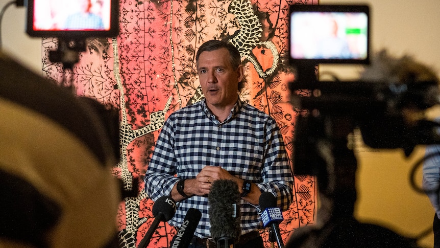cameras filming man in checked shirt standing in front of pink Indigenous artwork