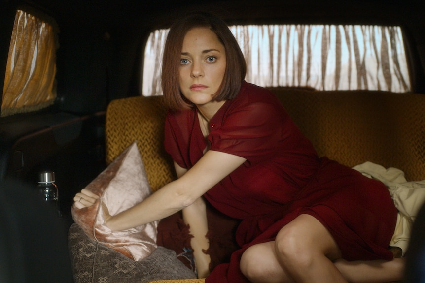 Marion Cotillard in a deep red dress looks squarely at the camera while leaning on a pink silk cushion in the backseat of a car.