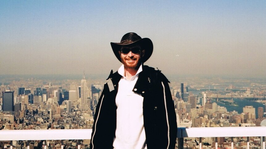 Greg Hill poses for a photo at the top of the World Trade Centre on September 6, 2001.