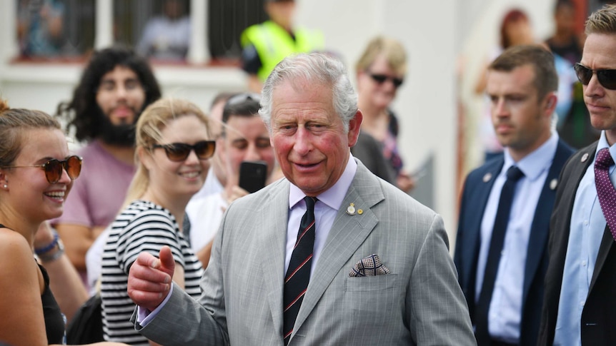 Prince Charles smiles as he walks through a crowd outside a church