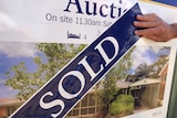 A hand smooths out a 'SOLD' banner over an auction billboard for a home.