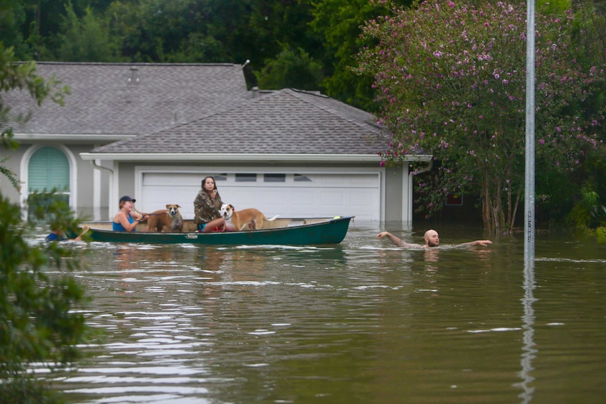 A man pulls a boat loaded carrying two dogs and two women through a flooded street