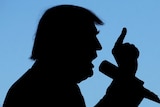 A silhoutte of then presidential candidate Donald Trump at a campaign rally against a blue sky