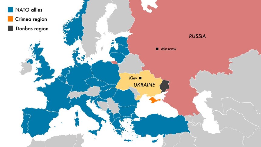 Map of Europe showing the Ukraine and the dispute between Ukraine and Russia, the Crimea and Donbas regions and the NATO allies.