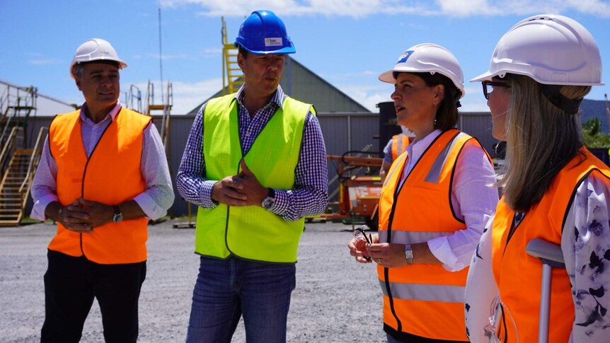Two middle-aged men talk with two middle-aged women in hard hats & building site bibs on sunny day.
