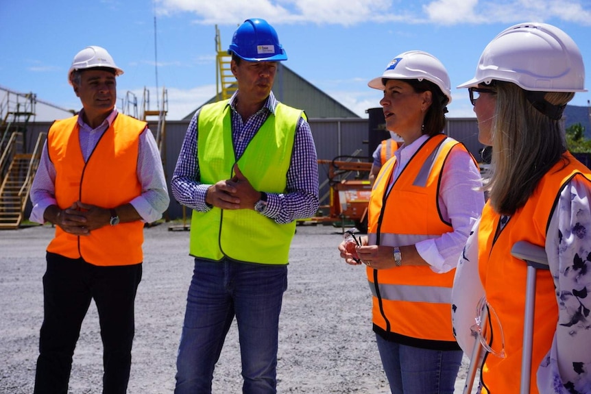 Two middle-aged men talk with two middle-aged women in hard hats & building site bibs on sunny day.