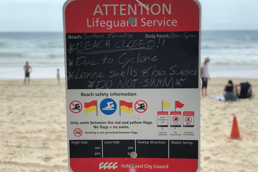 Beach closed sign at Surfers Paradise due to Cyclone Gita on Febraury 16, 2018.