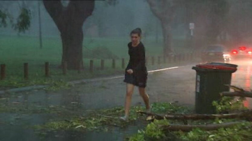 A woman tries to evade fallen trees and branches at the height of an earlier storm which caused widespread damage (file)