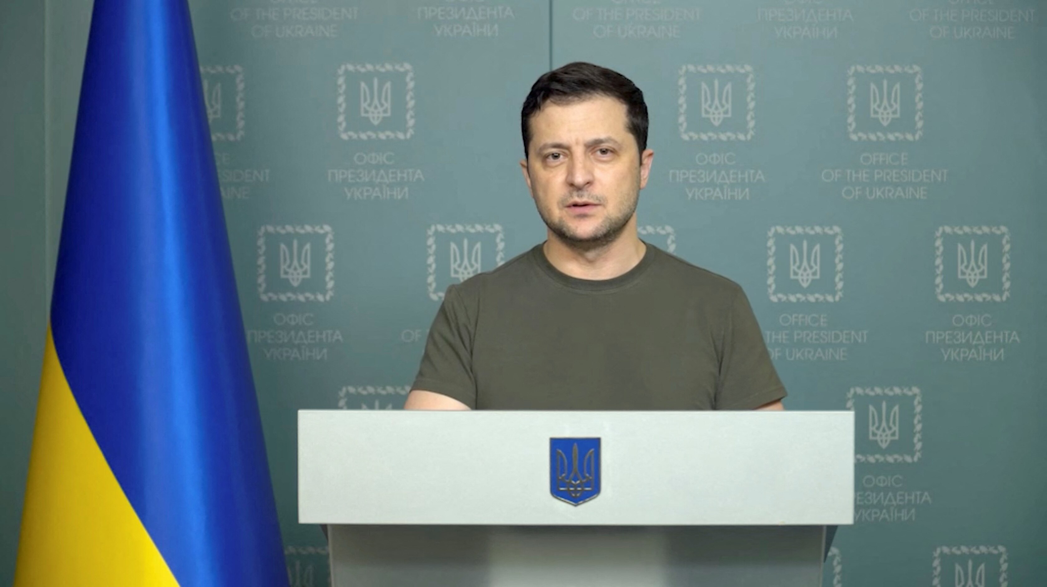 Ukrainian President Volodymyr Zelenskyy makes a statement.