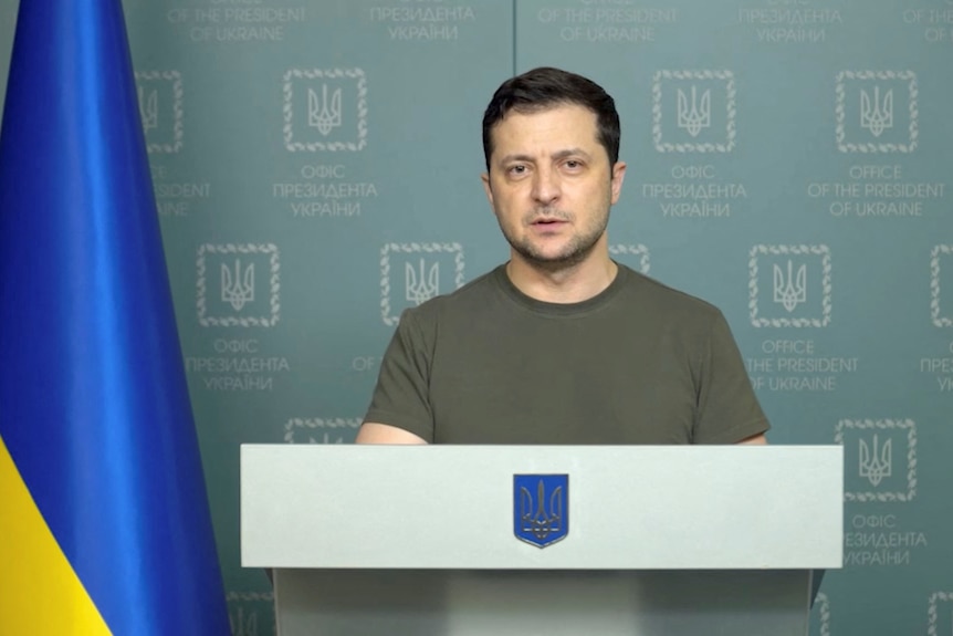 Ukrainian President Volodymyr Zelenskyy makes a statement.