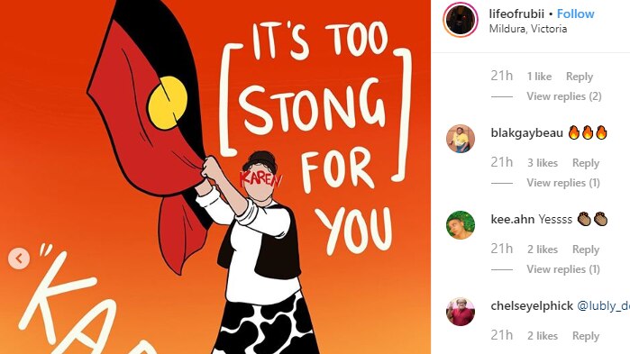 A screenshot of an Instagram artwork showing a woman named Karen failing to pull an Aboriginal flag down.