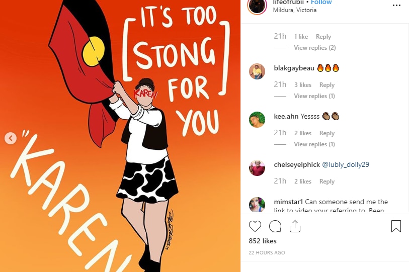 A screenshot of an Instagram artwork showing a woman named Karen failing to pull an Aboriginal flag down.