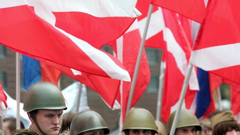 Demonstrators dressed as WWII Russian soldiers on the streets of Tallinn