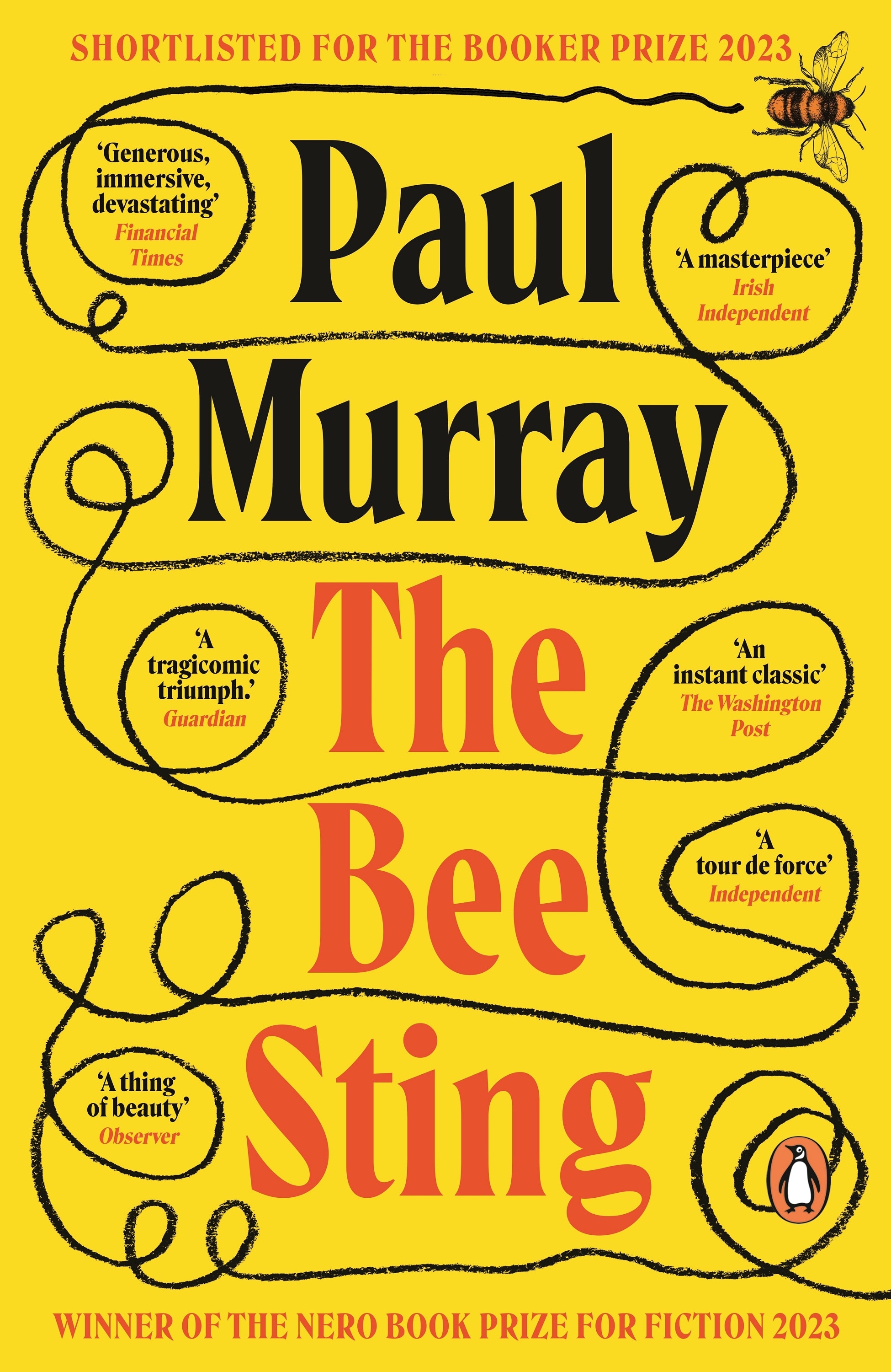 A book cover with a yellow background and red and black text; and a black squiggly line denoting the path of a flying bee