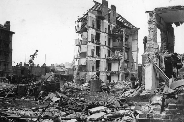 Flats destroyed by Nazi rocket attack on London.