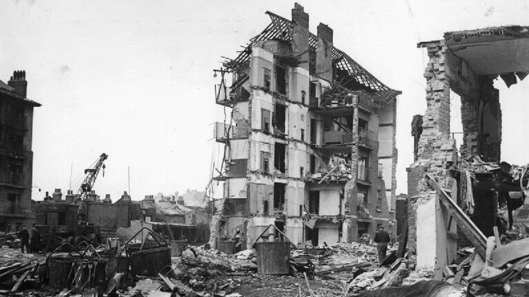 Flats destroyed by Nazi rocket attack on London.