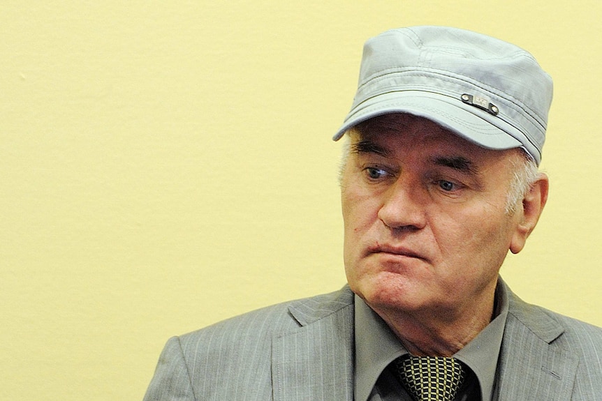 Former Bosnian Serb commander Ratko Mladic appears sits in the dock in court in The Hague