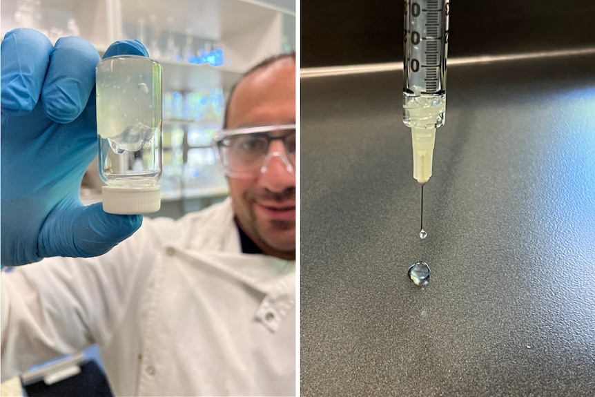 a scientist holds a small jar of clear gel