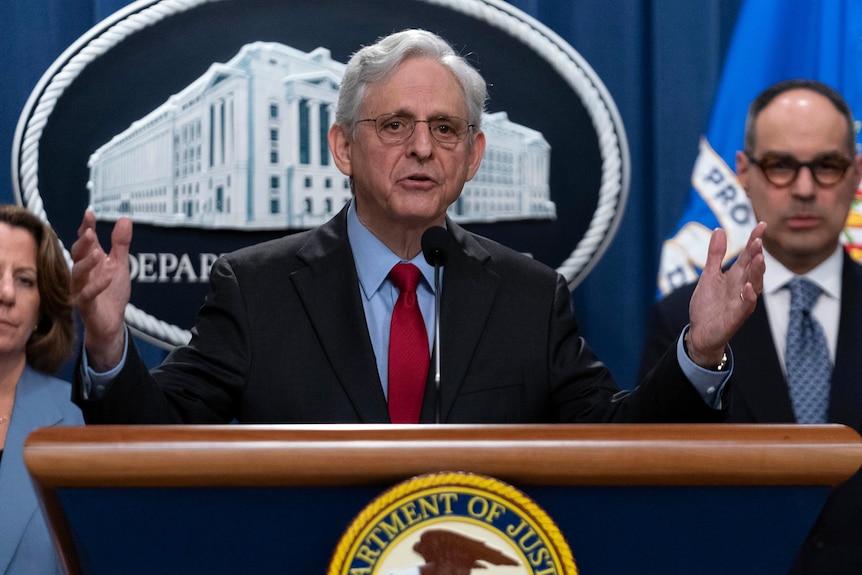 US Attorney General Merrick Garland speaks during a conference announcing a lawsuit against Ticketmaster. 