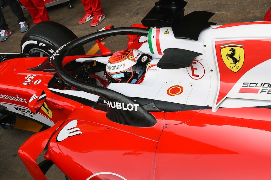 Kimi Raikkonen in his Ferrari with the halo device