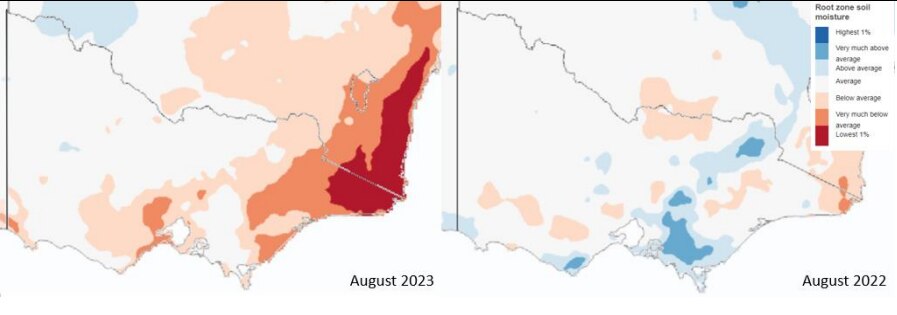 Maps showing soil moisture levels in Victoria currently and a year ago