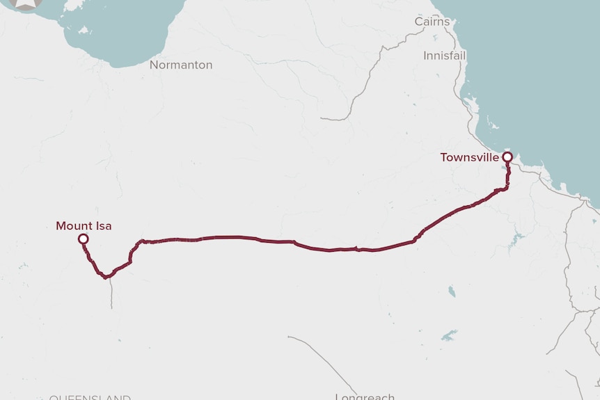 Une carte de la ligne ferroviaire Mount Isa - Townsville