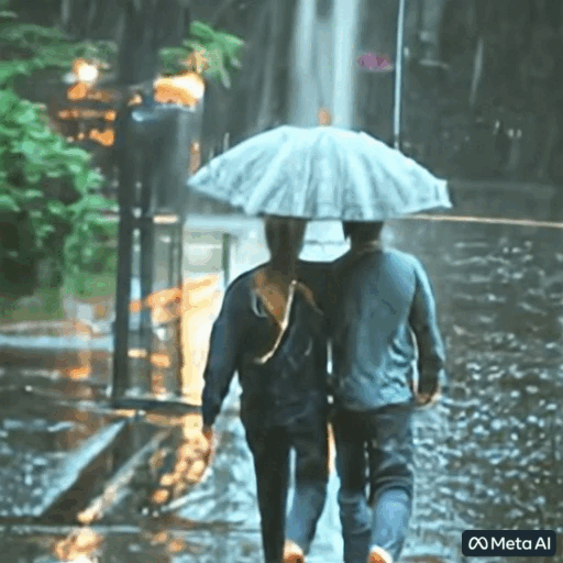 An animated gif of an AI-generated video of 'a young couple walking in heavy rain'