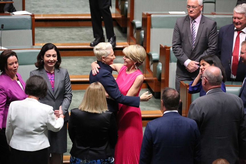 Kerryn Phelps and Julie Bishop hug in the house of representatives