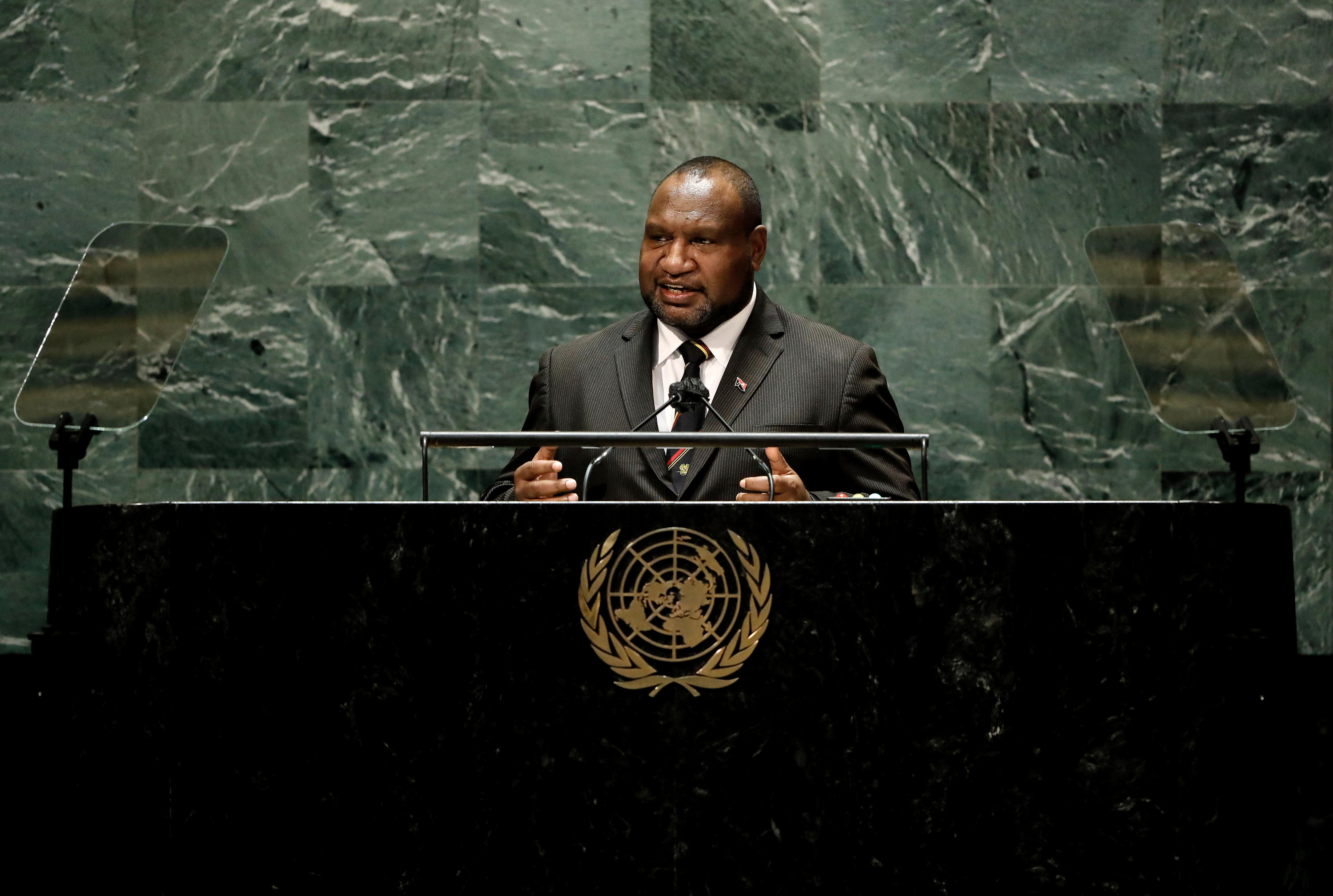 Papua New Guinea PM James Marape speaks from the platform of the UN General Assembly.