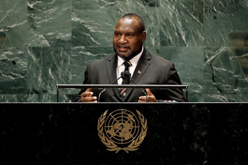 Papua New Guinea PM James Marape speaks from the platform of the UN General Assembly.